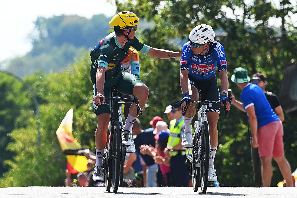 Mads Pedersen and Jasper Philipsen after the intermediate sprint on stage 13