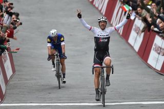 Fabian Cancellara (Trek-Segafredo) racing the new Trek Domane to a win at Strade Bianche ahead of Zdenek Stybar (Etixx-QuickStep)