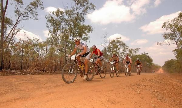 The lead group hits through rough stuff.