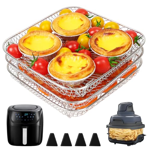 Bykitchen 7 Inch Air Fryer Rack Fit for Ninja Crispi/ninja Pro 5qt/ Cosori 5qt/ Chefman 5-6qt Airfryer &amp;amp;more, Air Fryer Accessories, 3pcs Stackable Stainless Steel Airfryer Basket With Silicon Feet