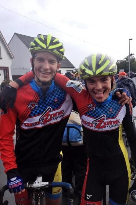 Teammates Josey Weik (right) and Gavin Haley ham it up for the camera after racing in Beernem, BE.