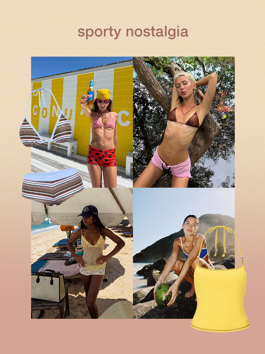 swimsuit trends for 2026: the trend 'sporty nostalgia' with various women posing in bikinis, swimsuit coverups, and other various beach items