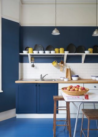 blue room design ideas in a kitchen painted in Farrow and Ball Stiffkey Blue