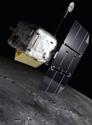 Artist’s rendition of NASA’s Lunar Reconnaissance Orbiter over the lunar surface, with the Mini-RF antenna attached to its moon-facing panel.
