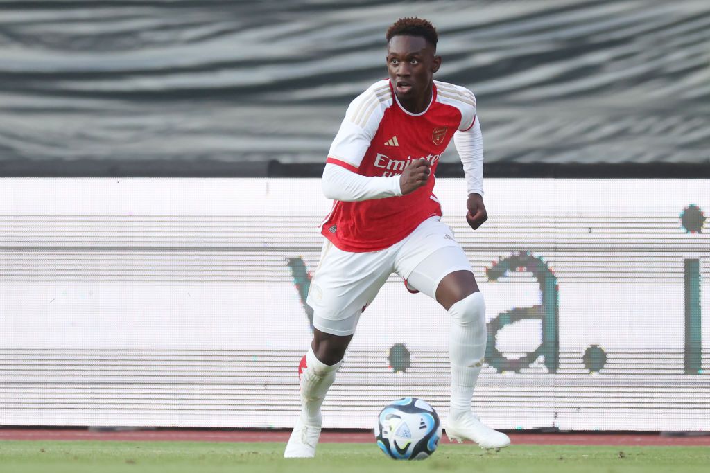 Arsenal forward Folarin Balogun controls the ball during the pre-season friendly match between 1. FC Nürnberg and Arsenal FC at Max-Morlock Stadion on July 13, 2023 in Nuremberg, Germany.