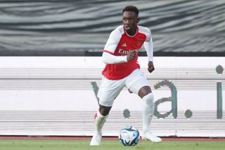 Folarin Balogun of Arsenal FC controls the ball during the pre-season friendly match between 1. FC Nürnberg and Arsenal FC at Max-Morlock Stadion on July 13, 2023 in Nuremberg, Germany.