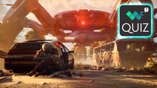 Screenshot from Arc Raiders showing a person hiding behind a car and a large robot over them. A badge in the top right shows the Windows Central logo and say "Quiz," under it.