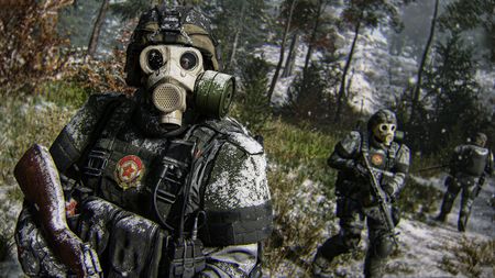 Players wear white gasmasks as they explore a snowy area in Call of Duty: Modern Warfare 4's DMZ mode