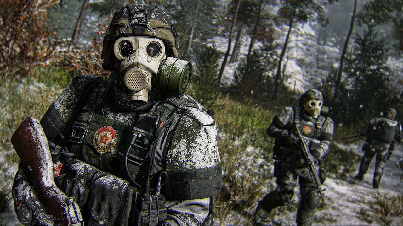 Players wear white gasmasks as they explore a snowy area in Call of Duty: Modern Warfare 4's DMZ mode
