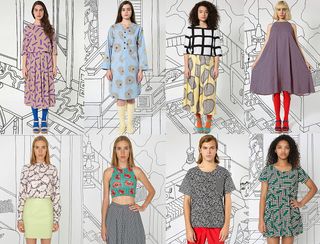 Memphis-style patterned dresses on models