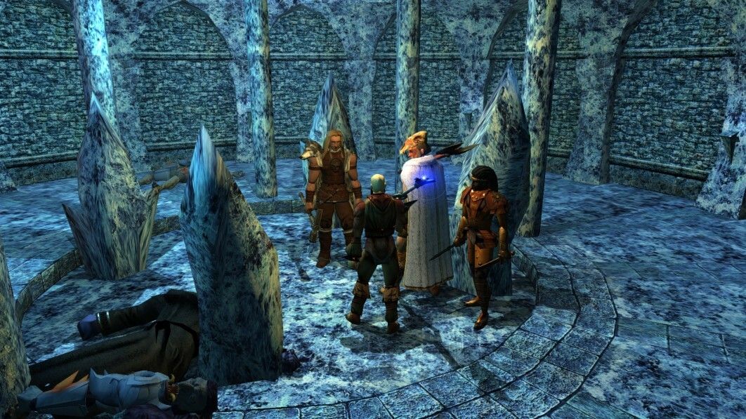 Adventuring party meeting with a shaman in a light blue dungeon interior