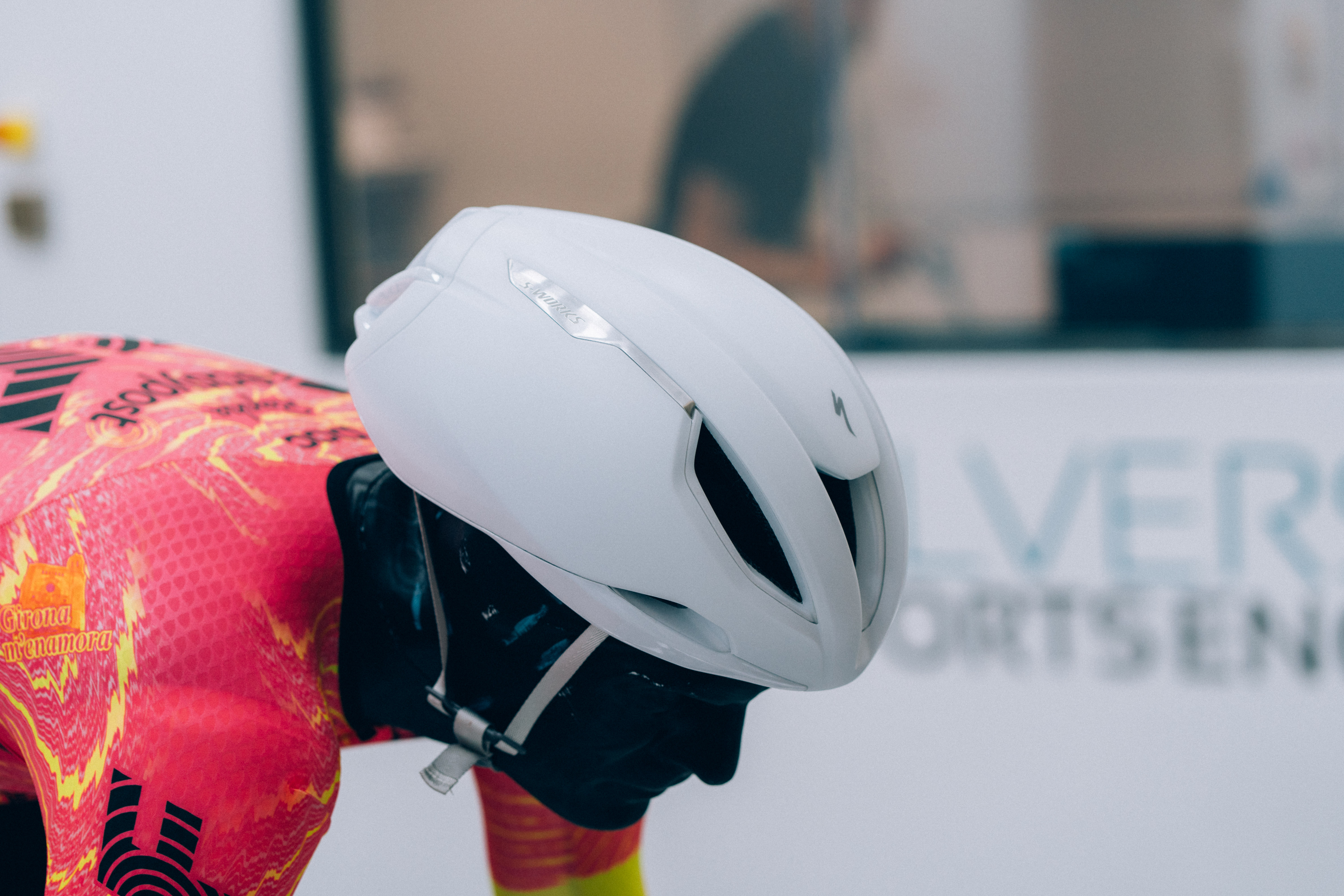 A close up of helmets being tested in the wind tunnel