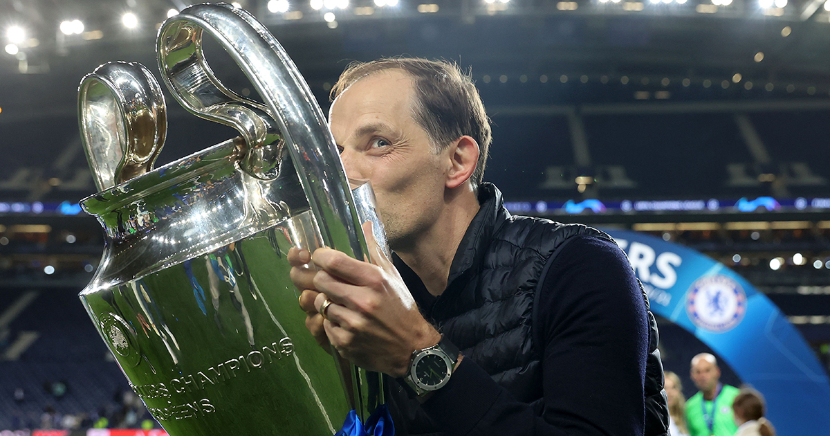 Chelsea manager Thomas Tuchel kisses the Champions League trophy after their team's victory in the UEFA Champions League Final between Manchester City and Chelsea FC at Estadio do Dragao on May 29, 2021 in Porto, Portugal.