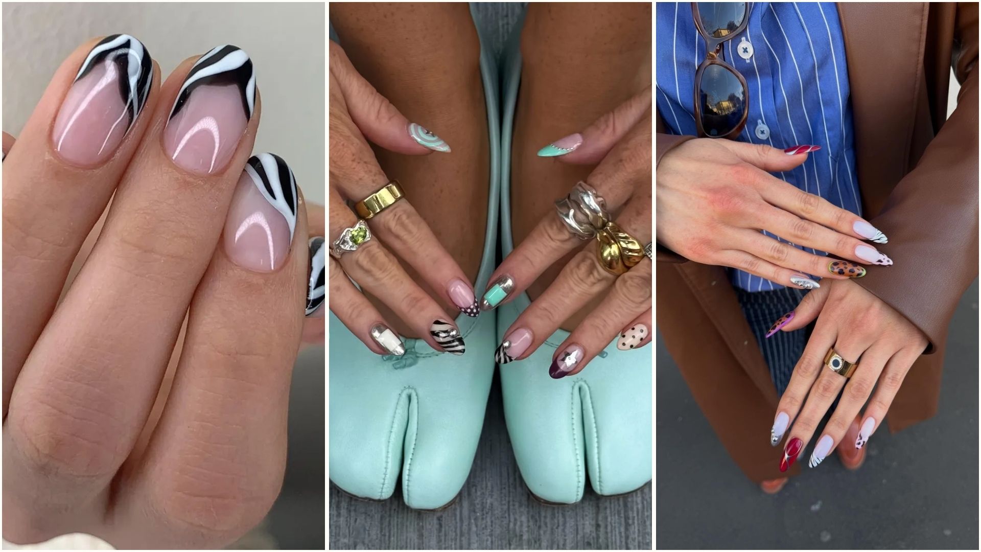 A collage of zebra print manicures