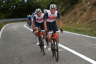 CAMIGLIATELLO SILANO ITALY OCTOBER 07 Giulio Ciccone of Italy and Team Trek Segafredo Gianluca Brambilla of Italy and Team Trek Segafredo during the 103rd Giro dItalia 2020 Stage 5 a 225km stage from Mileto to Camigliatello Silano 1275m girodiitalia Giro on October 07 2020 in Camigliatello Silano Italy Photo by Tim de WaeleGetty Images