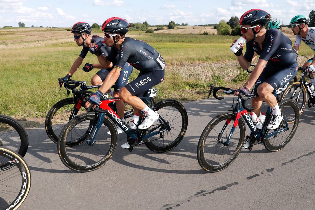 CHELM POLAND AUGUST 09 LR Michal Golas of Poland Michal Kwiatkowski of Poland Owain Doull of The United Kingdom and Team INEOS Grenadiers during the 78th Tour de Pologne 2021 Stage 1 a 216km stage from Lublin to Chem 212m TourdePologne TDP2021 UCIWT on August 09 2021 in Chelm Poland Photo by Bas CzerwinskiGetty Images