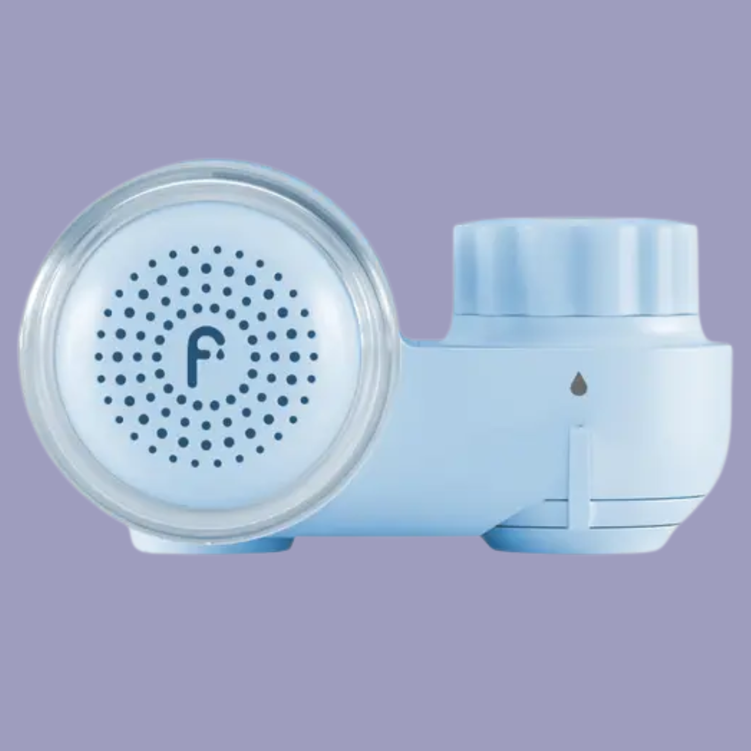 A blue skincare filter for a faucet against a purple background