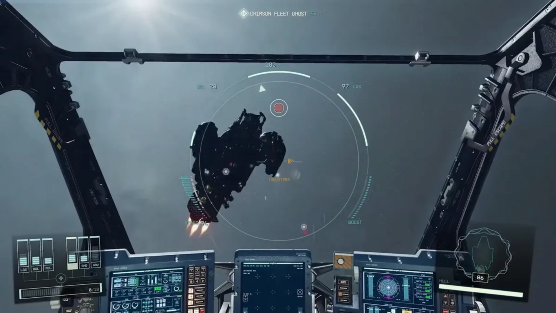 Screenshot from Starfield showing the inside of a ship&#039;s cockpit, as the ship pursues another spacecraft.