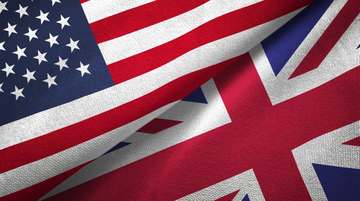 The US flag and UK flag shown together, with one on top of another