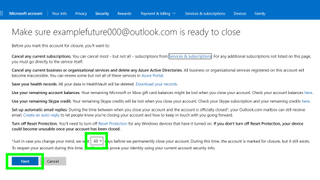 How to delete a Microsoft account - a screenshot of Microsoft's account deletion page, showing account deletion information and the option to choose when the account will be deleted