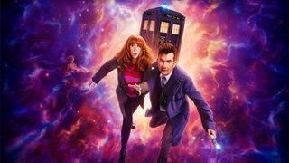 David Tennant, Doctor Who actor, flies through the universe accompanied by his assistant and the Tardis.