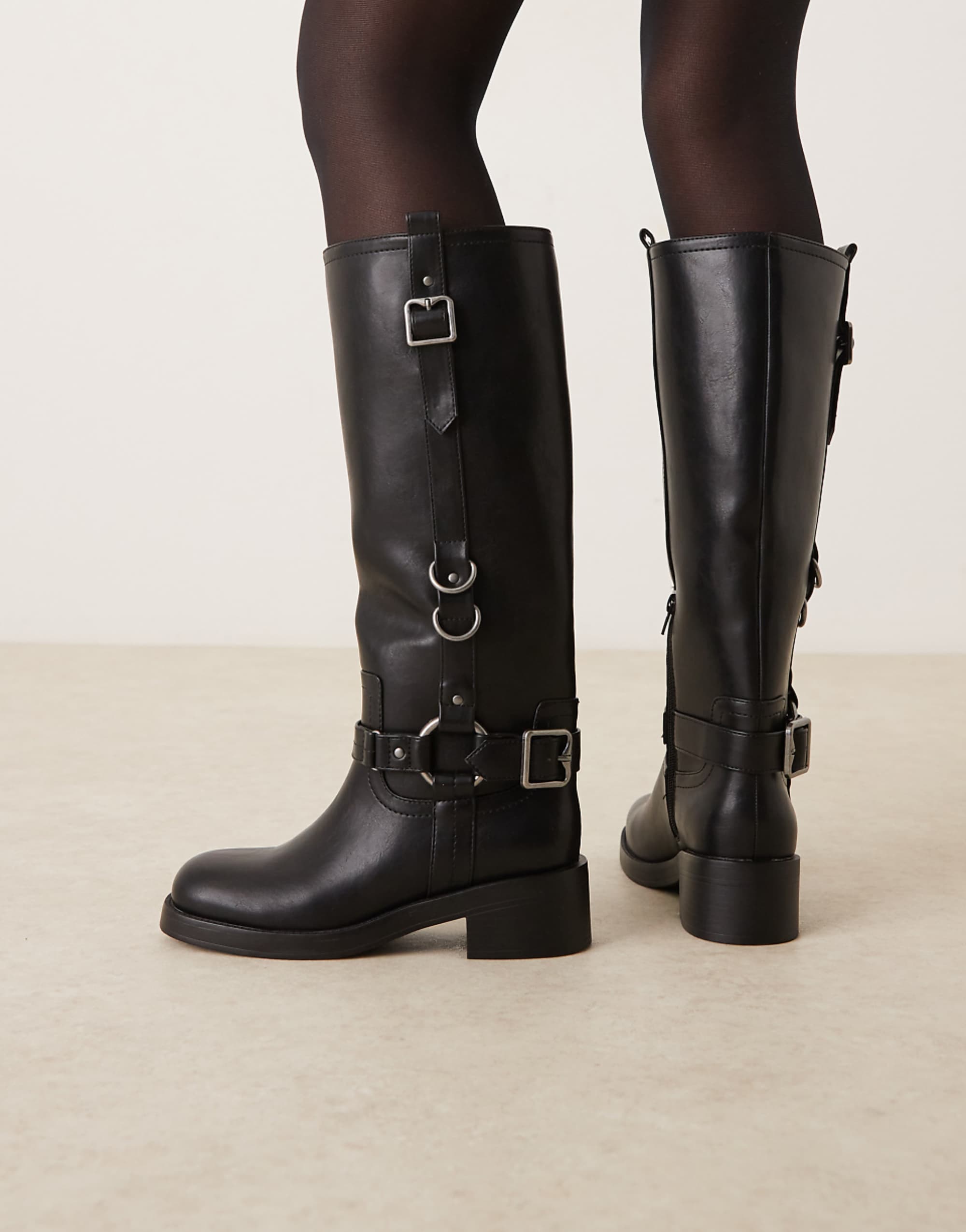 Asos Design Cobra Buckle Harness Knee Boots With Silver Tone Hardware in Black