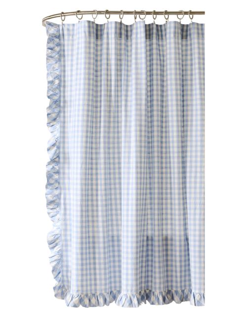 Cotton Printed Gingham Ruffle Shower Curtain
