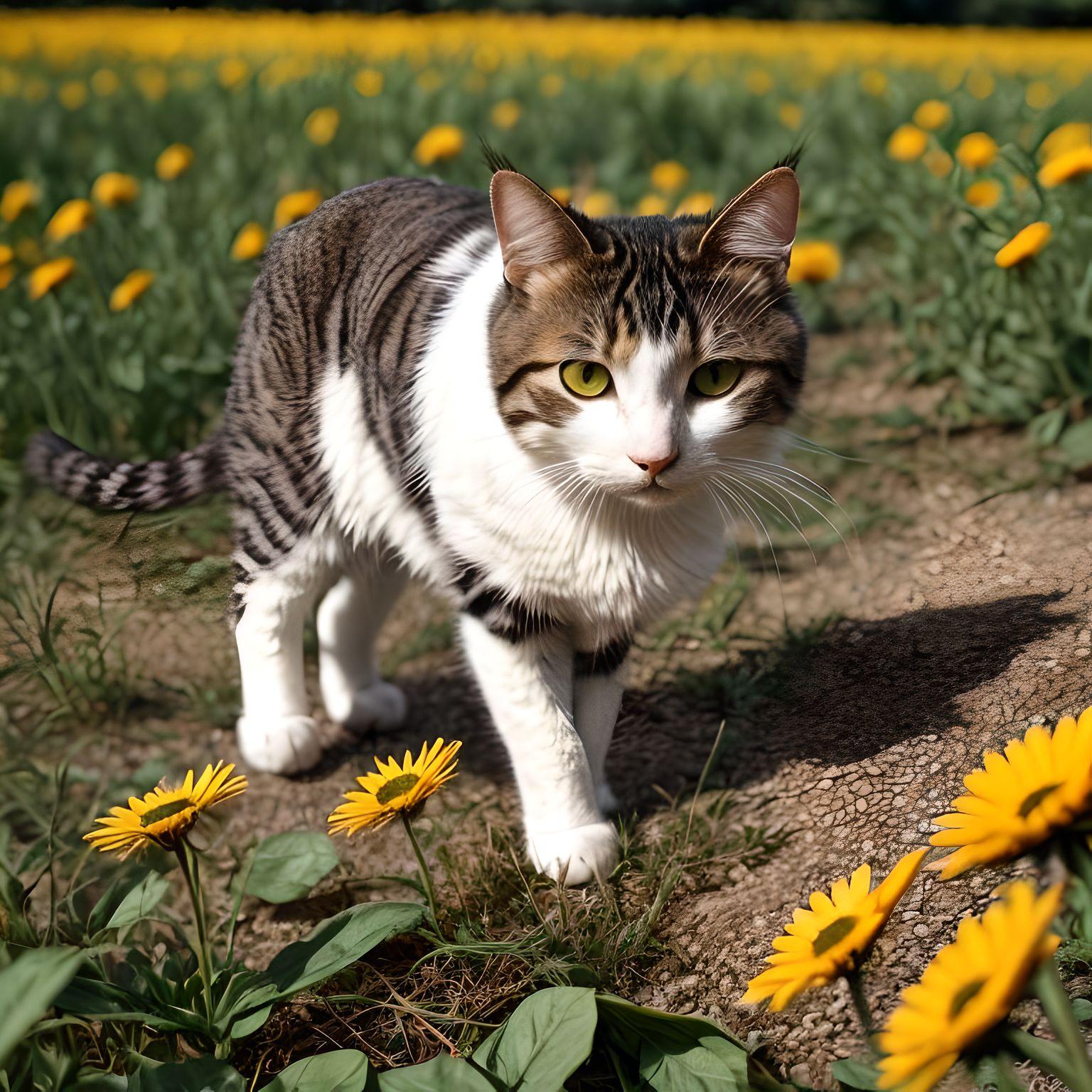 AI generated image of cat picking daisies