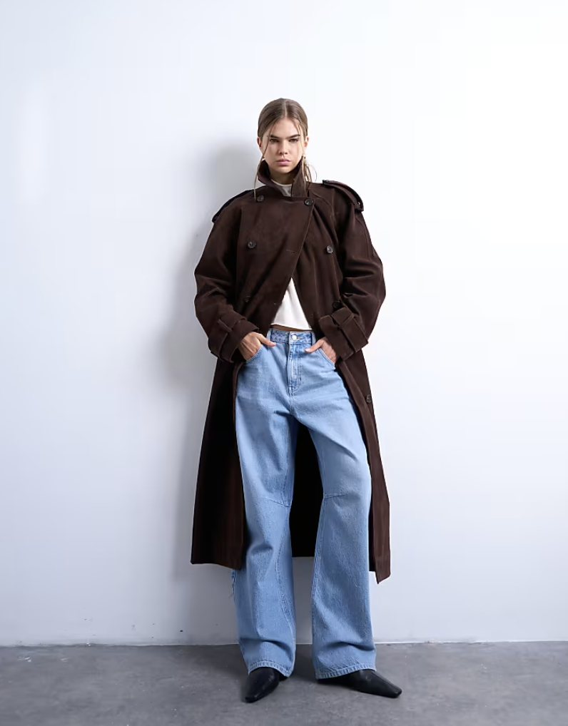 Topshop, Longline Oversized Faux Suede Trench Coat