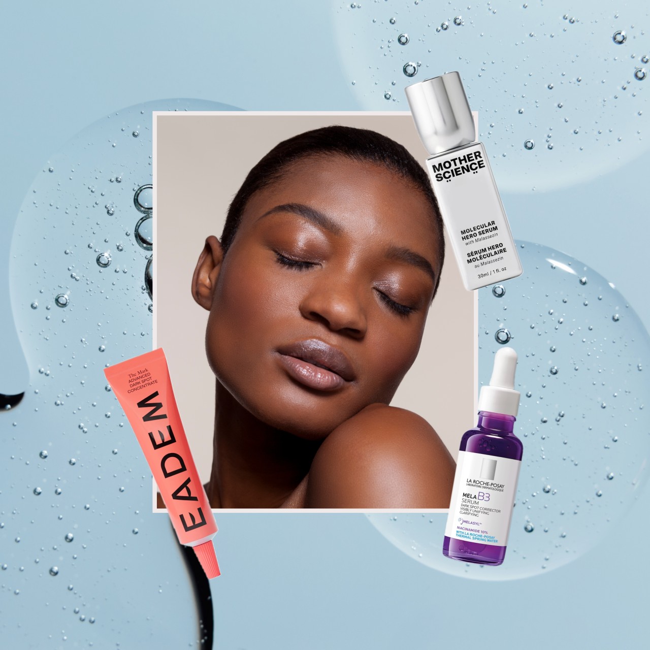 an edit of a black woman with smooth skin next to three skincare product bottles