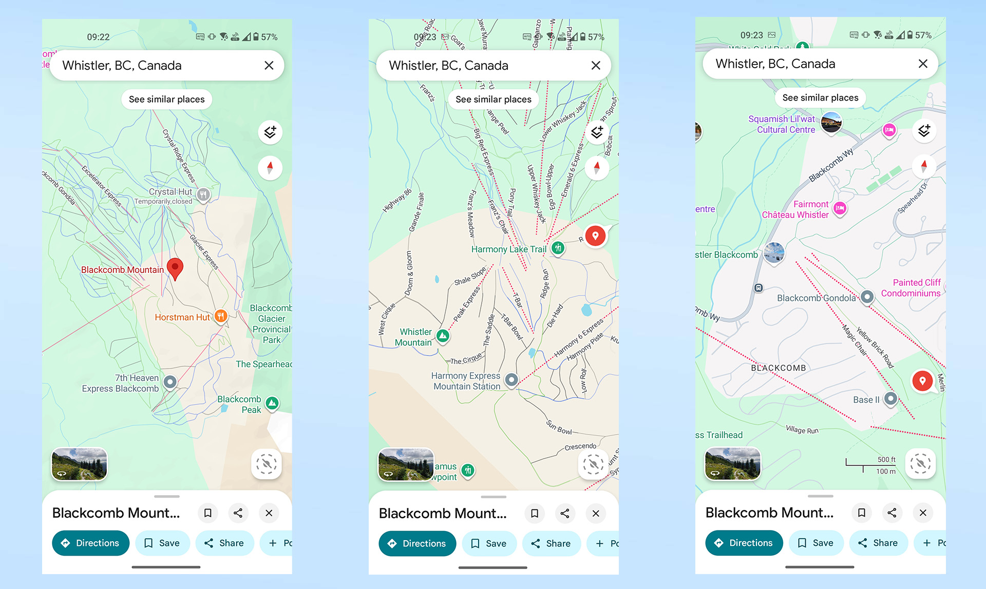 Ski trails visible at Whistler, BC on Google Maps