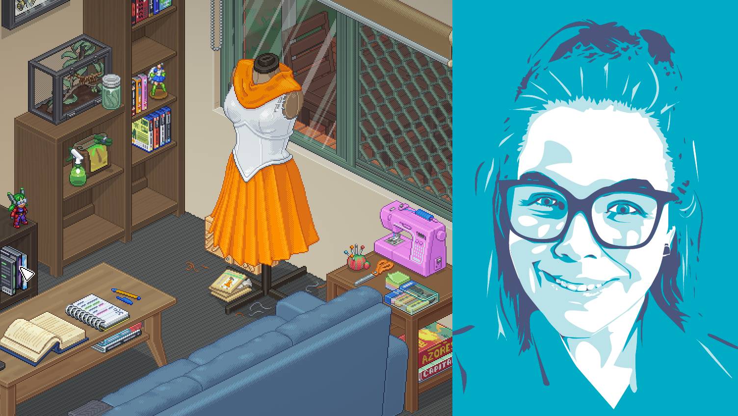 PC Gamer writer Andrea Shearon headshot next to screenshot of Unpacking, an apartment room with a dress on a mannequin and sewing tools.