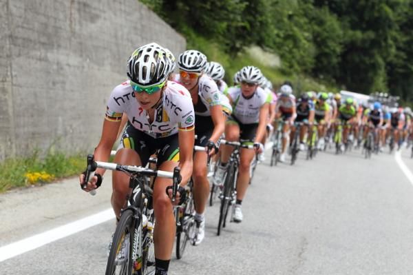 Charlotte Becker leads her HTC-Highroad women at the front of the chasing bunch.