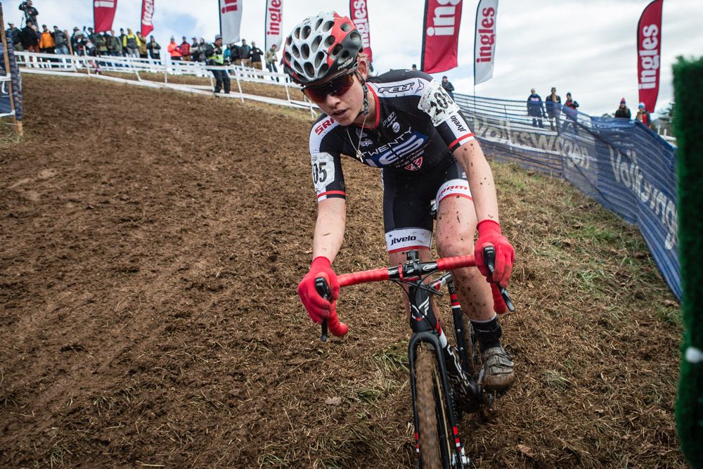 Allison Arensman (Twenty 16) tries to stay off the barriers as she slides through a turn