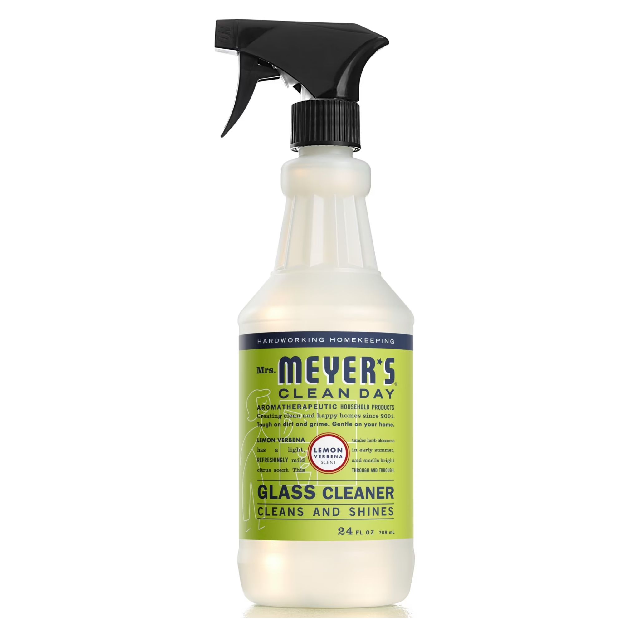 A spray bottle of Mrs. Meyers glass cleaner with a black lid and green label