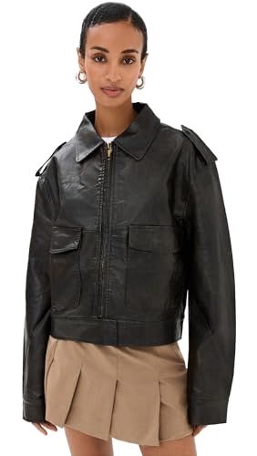 Lioness Women's Eighties Bomber Leather Jacket, Washed Onyx, S