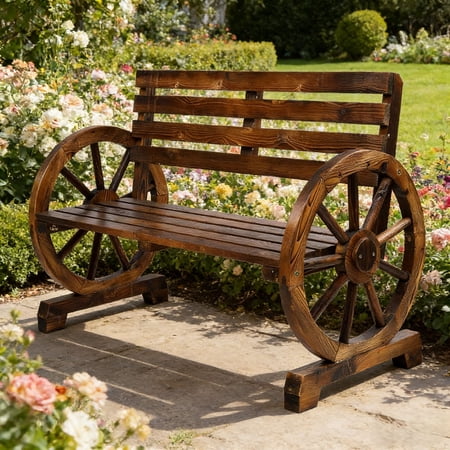 Ktaxon 41.5 Inch Rustic Fir Wood Bench, Wagon Wheel Design, Brown Outdoor Garden Patio Seat