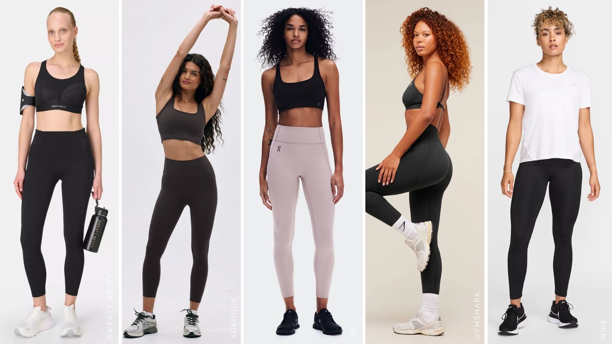models wearing running leggings from Sweaty Betty, Adanola, On, Gymshark, Nike