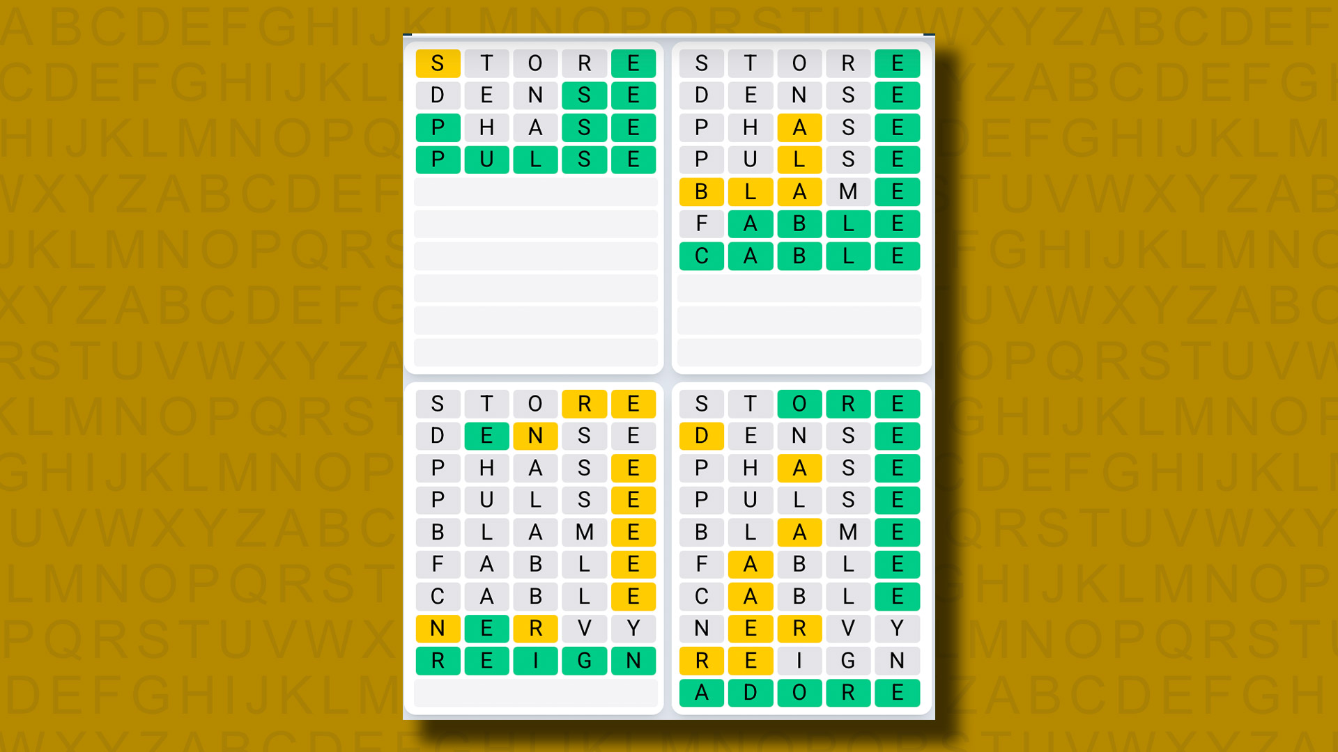 Quordle Daily Sequence answers for game 1226 on a yellow background