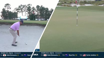 Split screen of Johnson Wagner hitting out of a greenside bunker on no.11 at Pinehurst No.2