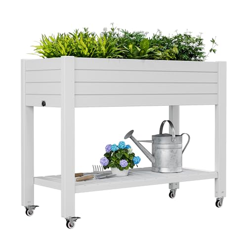 Wtfgo Elevate 33.7" Tall Raised Garden Bed With Wheels, Divisible Resin Planter Box With Drainage Gauge &amp;amp; Storage Shelf, Herb Planter for Garden Patio Backyard, Ashen (33.7" H)
