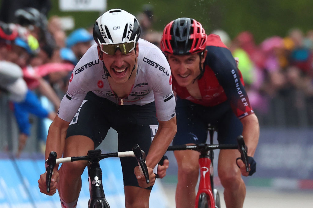 UAE Team Emiratess Portuguese rider Joao Almeida L sprints to win ahead of INEOS Grenadierss British rider Geraint Thomas during the sixteenth stage of the Giro dItalia 2023 cycling race 203 km between Sabbio Chiese and Monte Bondone near Cavedine on May 23 2023 Photo by Luca Bettini AFP Photo by LUCA BETTINIAFP via Getty Images