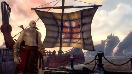 Kratos in front of a sailboat in God of War: Ascension