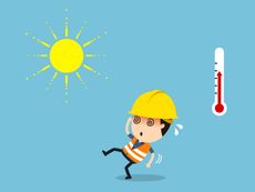 cartoon illustration of man at work suffering from extremely hot temperatures