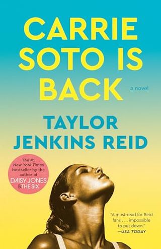 'Carrie Soto Is Back' book cover with a female tennis player leaning her head back and in bronze like coloring