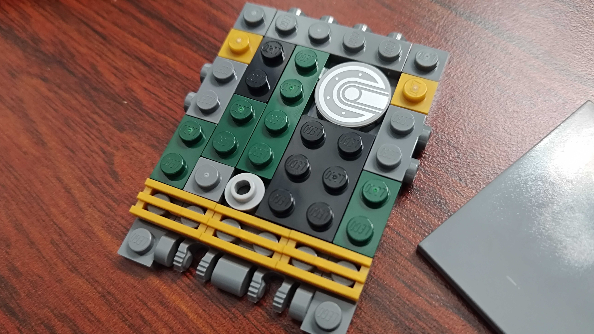 A Lego 'motherboard' on a wooden table