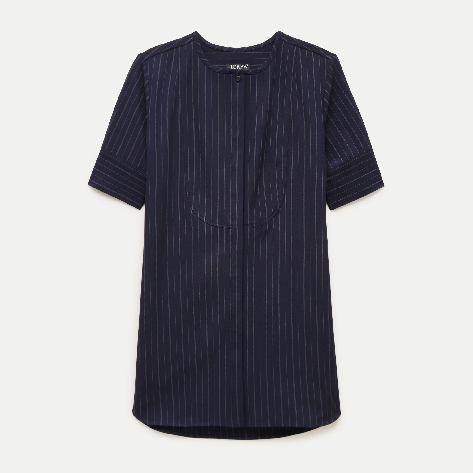 Tuxedo-Bib Tunic Dress in Pinstriped Gramercy Suiting