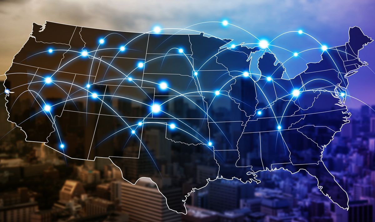 Map of US showing communication lines