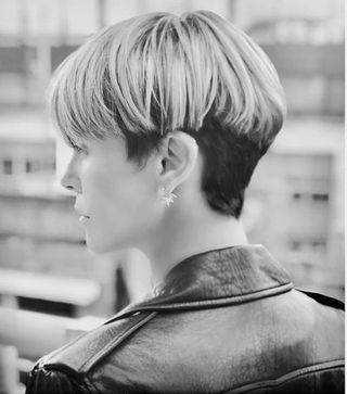 Hair, Hairstyle, Black-and-white, Eyebrow, Beauty, Blond, Asymmetric cut, Crop, Monochrome, Monochrome photography,