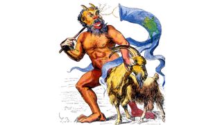 Illustration of Azazel, monstrous demon leading a goat, from Collin de Plancy, Dictionnaire Infernal, 1863